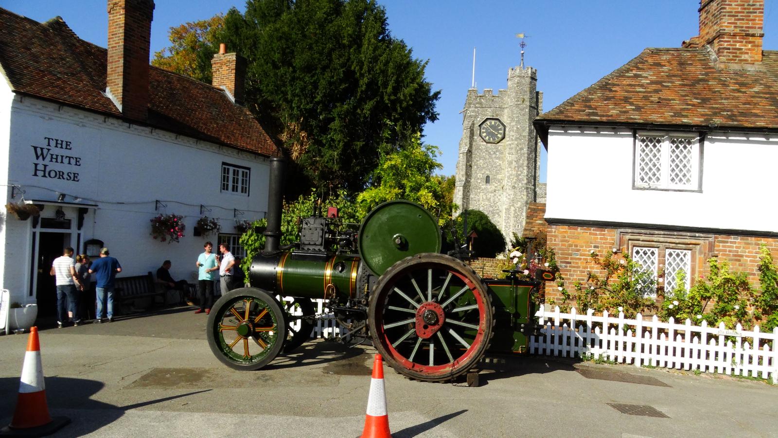 The White Horse pub, Chilham, with a traction engine outside