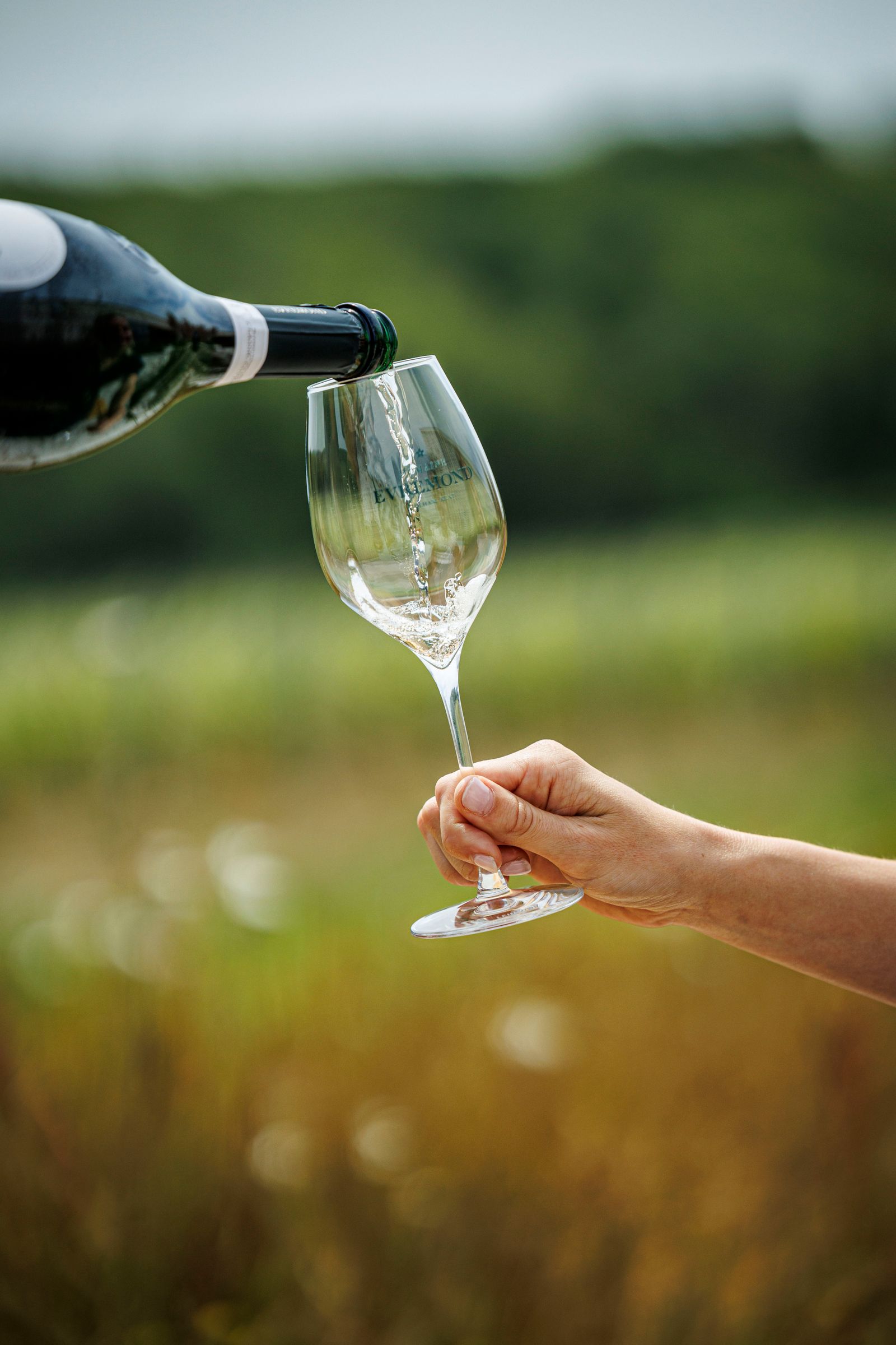 Sparkling wine being poured at Domaine Evremond
